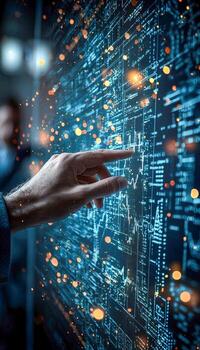 Person interacting with a digital data interface with glowing lines and nodes photo