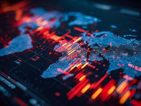Digital world map with dynamic data visualization and stock market trends photo
