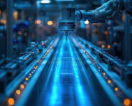 A robot is working on a conveyor belt in a factory photo
