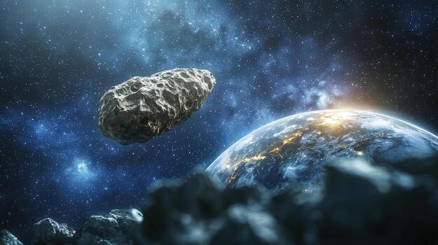 A large asteroid floating near Earth with a starry space background photo