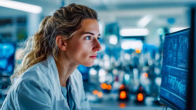 hembra científico analizando datos en un computadora en un laboratorio ajuste foto
