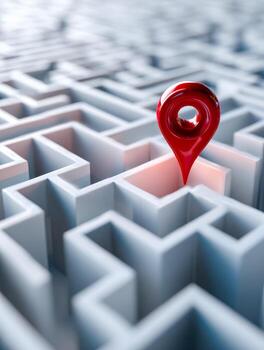 Red location marker on a white maze representing finding a path or destination photo