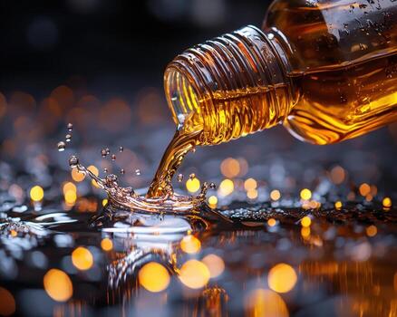 Close-up of amber-colored liquid pouring from a bottle into water with bokeh lights reflecting on the surface photo