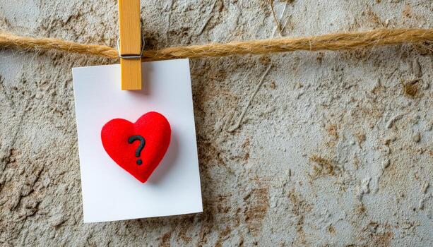 Heart with a question mark hanging on a string against a textured wall photo