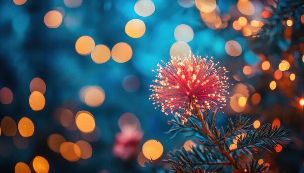 Glowing red firework on a pine branch against colorful bokeh lights in the background photo