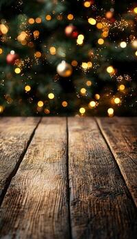 Festive bokeh lights on Christmas tree with rustic wooden background photo
