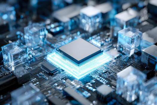 Futuristic computer microchip embedded in a high-tech circuit board with glowing details photo