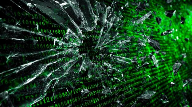 Digital data breach depicted by a shattered screen and green binary code background photo