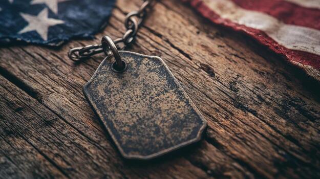 Distressed military identification tag on rustic wooden surface with partially visible American flag in background photo