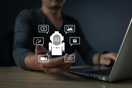 A person interacts with a holographic AI chatbot interface displaying icons for music, , text, and images, symbolizing artificial intelligence's role in multimedia and communication. photo