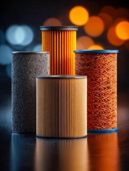 Arrangement of automotive air filters with textured and pleated designs in a moody, bokeh-lit setting photo