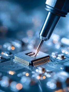 Precision soldering of a microchip on a circuit board for electronic device assembly photo