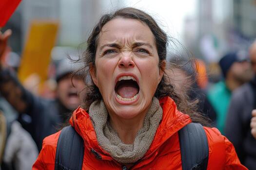 Woman protesting loudly at a crowded outdoor event photo