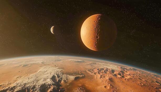 View of Mars and its moons from the surface of a planet in space photo