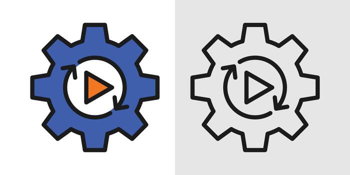 automation software graphic icons with gear and play symbol for workflow automation, system integration, continuous deployment vector
