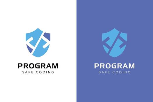 Cyber defensive program development logo icons with shield and code symbol for safe website and software, cyber security logos vector