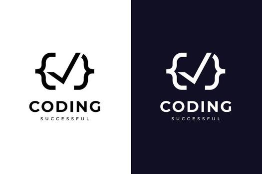 Minimalist coding success logo icon design with a check mark graphic concept symbolizing successful programming, web development, IT, and software projects vector