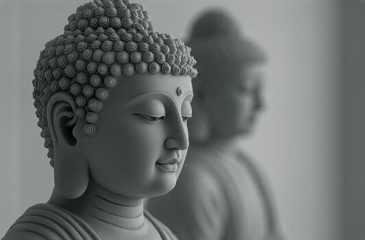 Serene Clay Sculptures of Buddha in a Tranquil Indoor Setting. photo