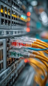 Network Cables Connect Servers in a Data Center During a Busy Workday. photo