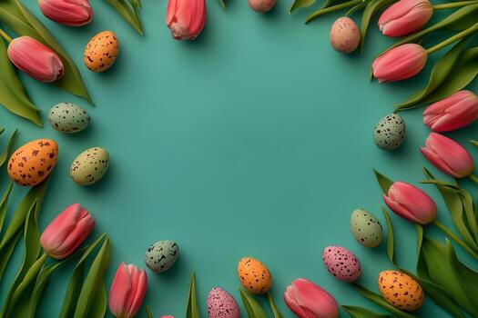 Colorful Tulips and Patterned Eggs Create a Spring-Themed Arrangement for Easter Celebration. photo