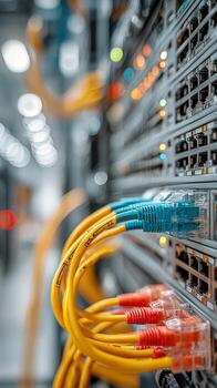 red cables conectado a un servidor en un datos centrar durante un brillante tiempo de día configuración. foto