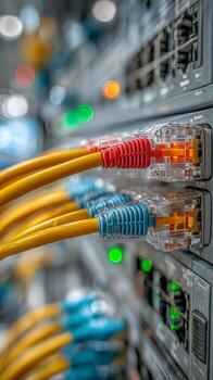 Network Cables Connected to a Server in a Data Center During a Bright Daytime Setup photo