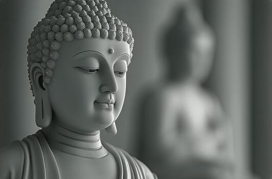 Serene Buddha Statue in Soft Light With Another Figure in the Background. photo