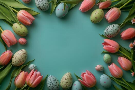Colorful Tulips and Patterned Eggs Create a Spring-Themed Arrangement for Easter Celebration photo