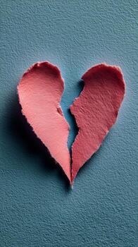 Heart Shaped Paper Cutout With a Tear on a Blue Background. photo