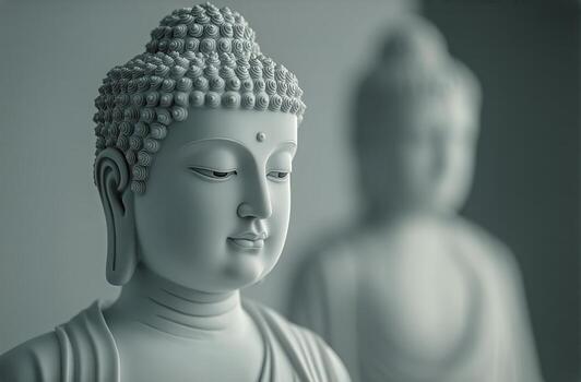 Serene Buddha Statue in Soft Light With Another Figure in the Background photo