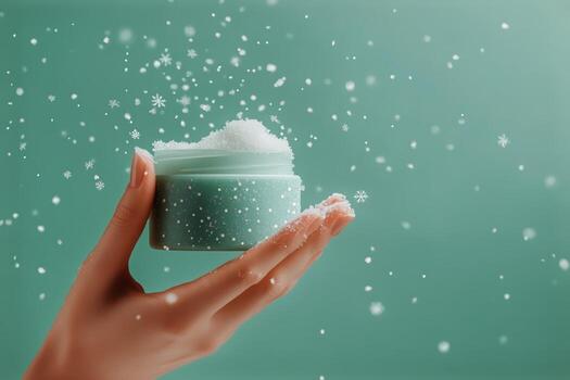 Fresh Snow-Like Texture in Hand With Pastel Green Background and Gentle Snowfall Effect photo