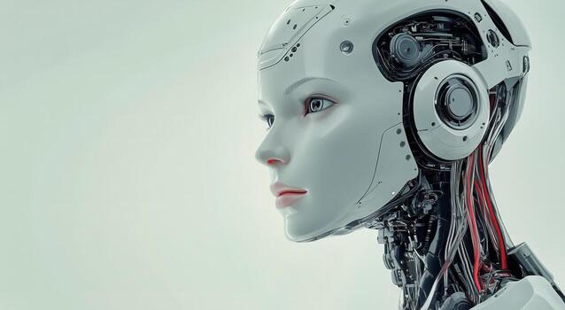 Futuristic Robot Head With Sleek Design and Glowing Details in Bright Digital Setting. photo