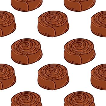 Cinnamon roll pastry seamless pattern in flat style. Ideal for bakery background, food package, cafe menu design and sweet pastry theme. vector