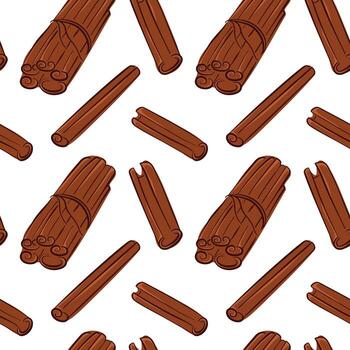 Flat style cinnamon stick hand drawn seamless pattern for spice store package, menu design. vector