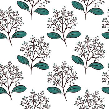 Seamless pattern with cinnamon flower branch drawn in flat style on white background. Perfect for botanical, bed linen and package design. vector