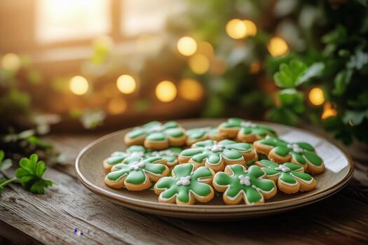 Green Decorated Cookies With Clover Patterns on a Wooden Table in a Warm, Illuminated Setting photo