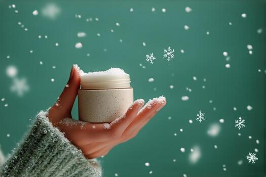 Fresh Snow-Like Texture in Hand With Pastel Green Background and Gentle Snowfall Effect. photo