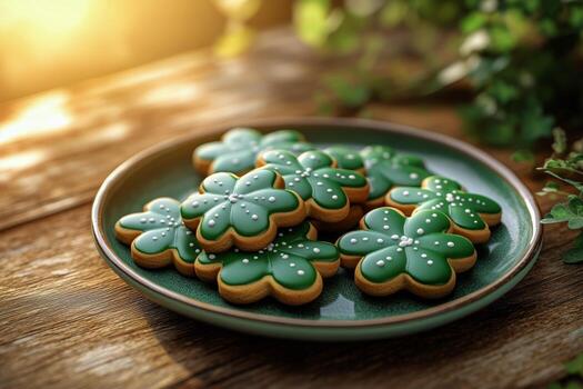 Green Decorated Cookies With Clover Patterns on a Wooden Table in a Warm, Illuminated Setting. photo