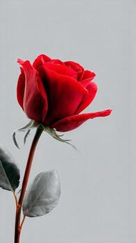 Red Rose in Full Bloom Against a Light Gray Background Showcasing Its Vibrant Petals and Greenery photo