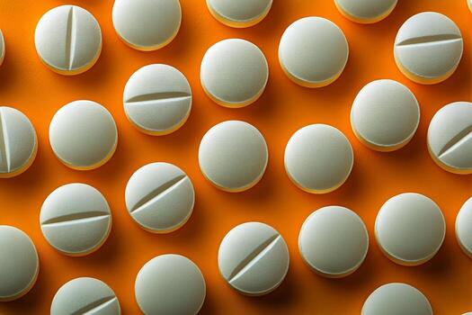 cerca arriba ver de varios redondo blanco pastillas arreglado en un naranja antecedentes foto