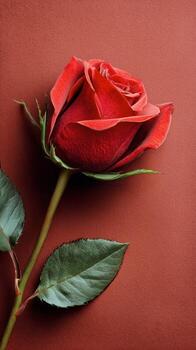 Close up of a Vibrant Red Rose on a Textured Background With Green Leaves photo