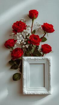 Roses Surround an Empty Frame on a White Surface for a Romantic Occasion. photo