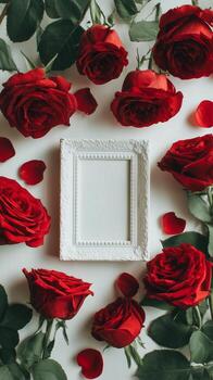 Roses Surround an Empty Frame on a White Surface for a Romantic Occasion photo