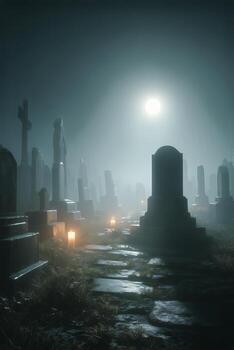 Cemetery Pathway Illuminated by Moonlight With Mist and Gravestones at Night. photo