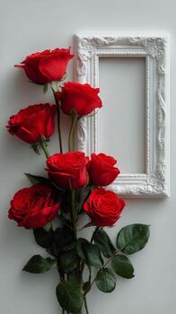 Red Roses and Empty Frame on White Fabric Create a Romantic Setting for Memories and Moments. photo