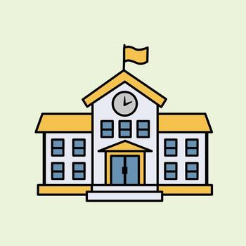 Illustration of a school building with a flag and a clock on the roof, simple and modern style, suitable for education, learning, institutions and classroom themes. vector