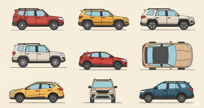 SUVs car in different colors and side view , too view, 2 side view, front views. vector