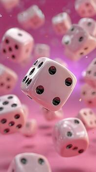 Floating Dice Create a Whimsical Atmosphere Against a Pink Background. photo