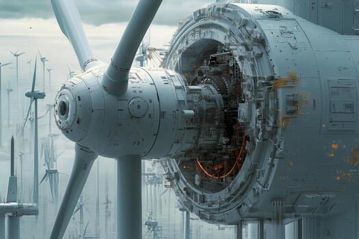 Wind Turbine Design Showcasing Intricate Technology and Vast Landscape Beneath a Cloudy Sky. photo