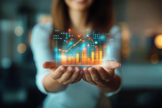 Woman Displaying Digital Financial Data With Glowing Graphs and Charts in Modern Workspace. photo
